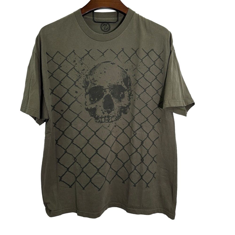 ANCHOR BLUE Army Green Skull Chain Link Grunge Cotton T-Shirt‎ Size 2XL